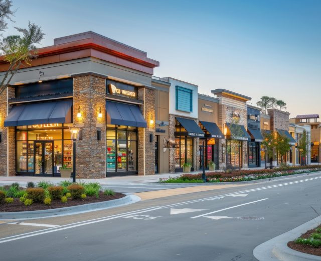 Modern shopping center with brick facades and large windows at dusk Modern shopping center with brick facades and large windows at dusk